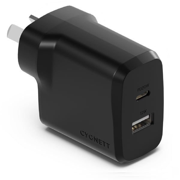 Cygnett PowerPlus 32W Dual Port (20W USB-C + 12W USB-A) PD Fast Wall Charger - Black