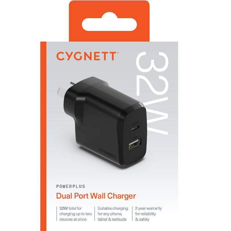 Cygnett PowerPlus 32W Dual Port (20W USB-C + 12W USB-A) PD Fast Wall Charger - Black