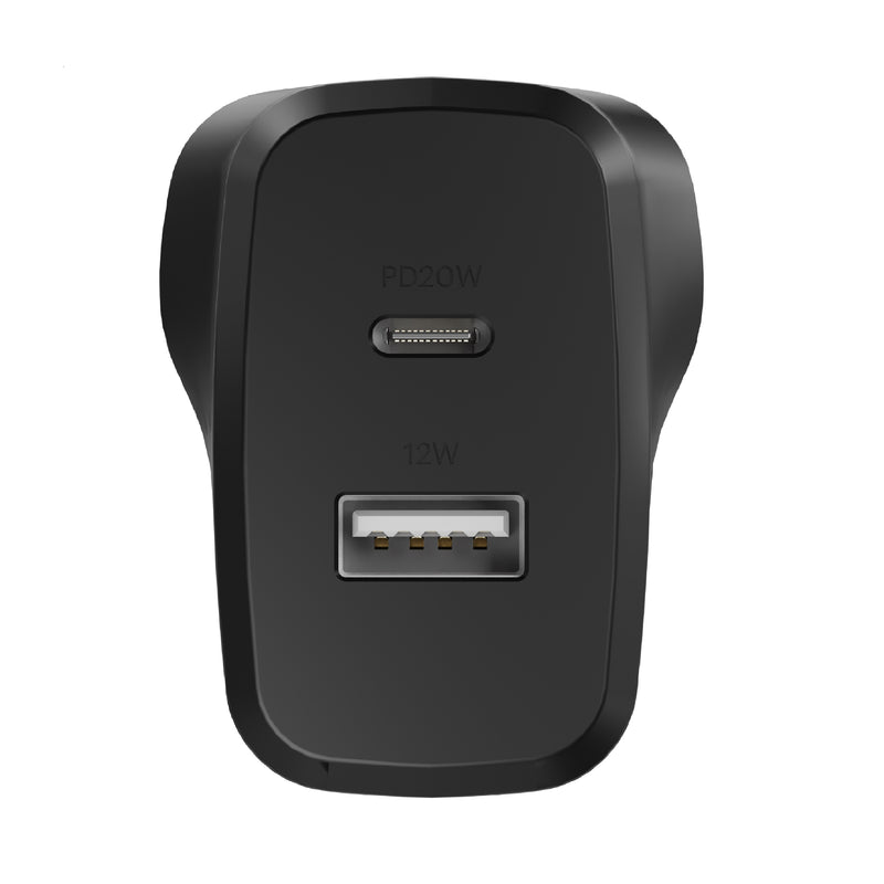 Cygnett PowerPlus 32W Dual Port (20W USB-C + 12W USB-A) PD Fast Wall Charger - Black