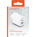 Cygnett - PowerPlus 32W Dual Port (20W USB-C + 12W USB-A) PD Fast Wall Charger - White