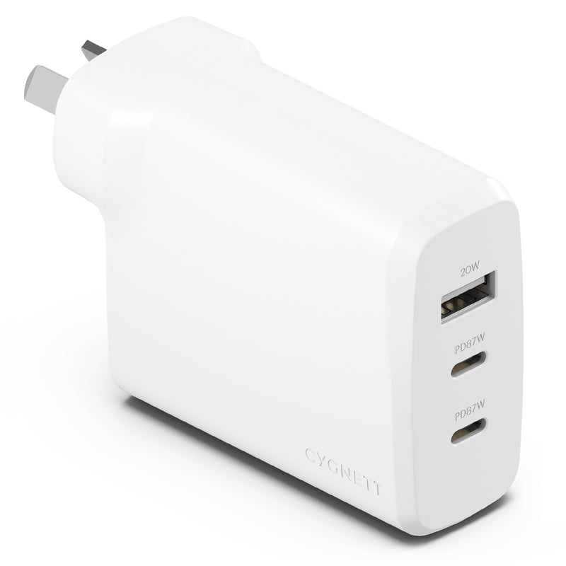 Cygnett PowerPlus 87W Triple Port Fast GaN Wall Charger - White