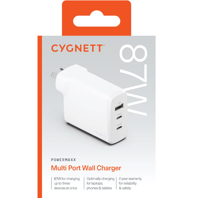 Cygnett PowerPlus 87W Triple Port Fast GaN Wall Charger - White