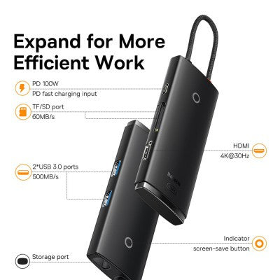 Baseus - Lite Series 5-Port Type-C HUB Docking Station (Type-C to HDMI+ 3 x USB-A + USB-C) - Black