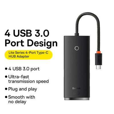 Baseus - Lite Series 4-Port Type-C HUB Adapter (Type-C to USB 3.0*4) 25cm - Black