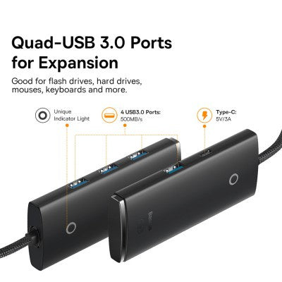 Baseus - Lite Series 4-Port Type-C HUB Adapter (Type-C to USB 3.0*4) 25cm - Black