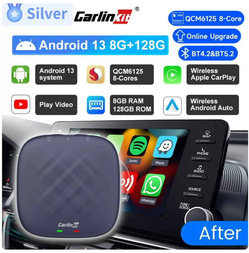 CarlinKit - CarPlay Ai Box Mini Wireless CarPlay Android Auto QCM6125 Android 13.0 CarPlay Streaming Box for IPTV Netflix 8GB RAM / 128GB MEM