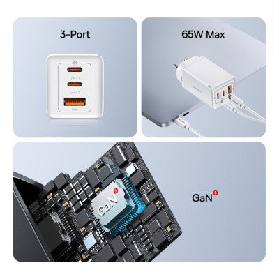 Baseus - GaN5 Pro Fast Charger 2xUSB-C 1xUSB 65W  Moon White